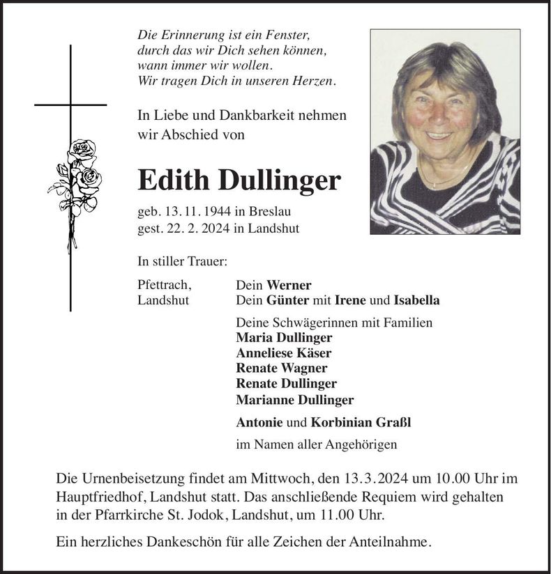 Traueranzeige Edith Dullinger