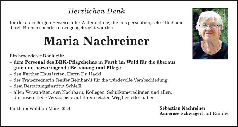 Traueranzeige Maria Nachreiner