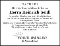 Traueranzeige Heinrich Seidl