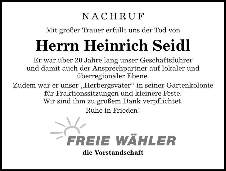 Traueranzeige Heinrich Seidl