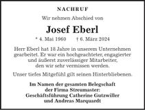 Traueranzeige Josef Eberl