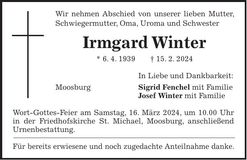 Traueranzeige Irmgard Winter
