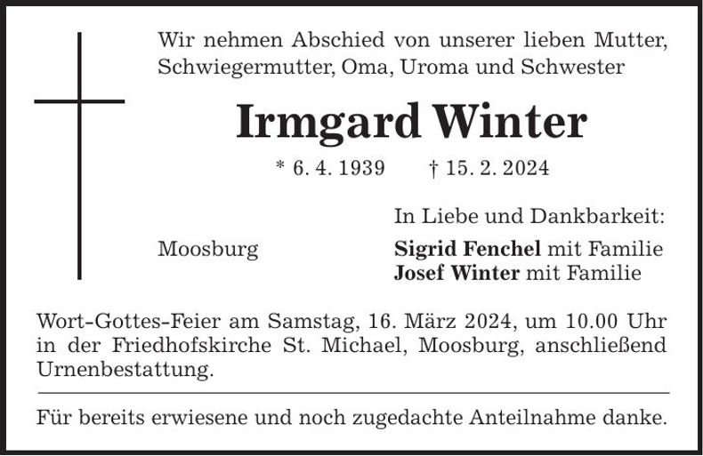 Traueranzeige Irmgard Winter