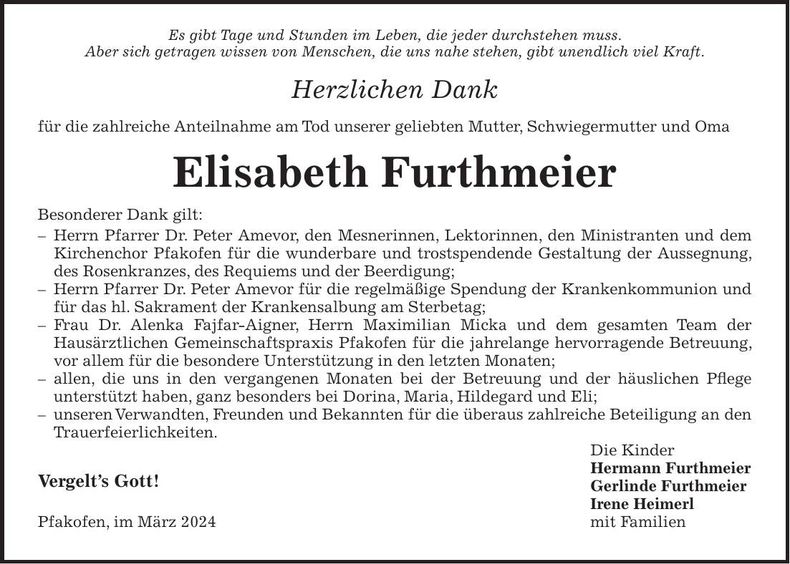 Traueranzeige Elisabeth Furthmeier