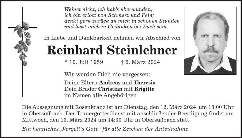 Traueranzeige Reinhard Steinlehner