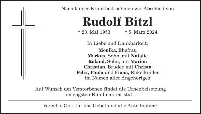 Traueranzeige Rudolf Bitzl