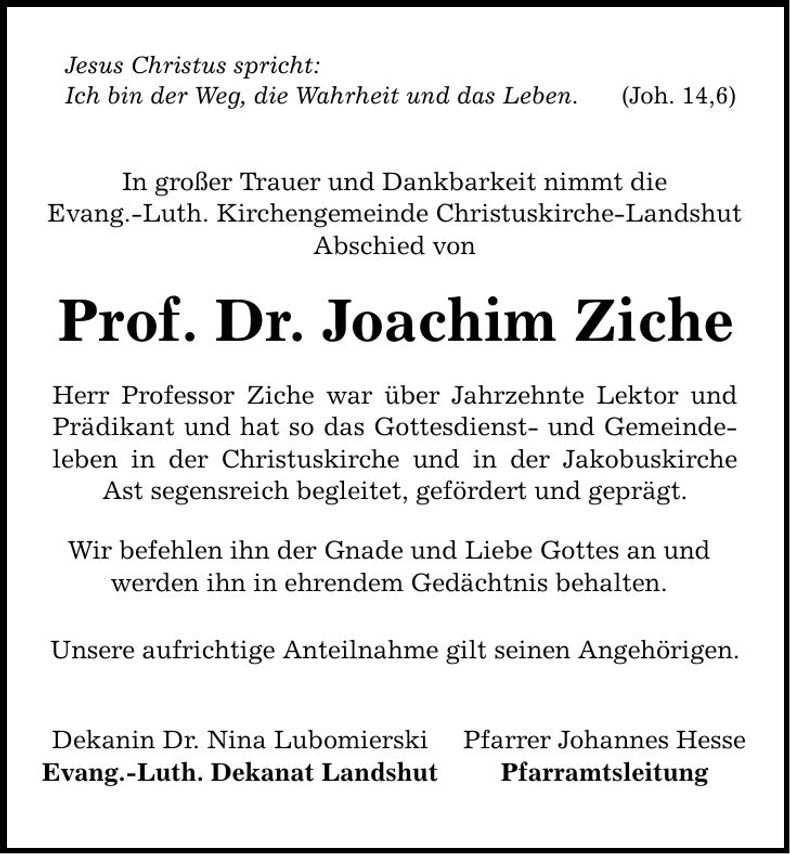Traueranzeige Joachim Prof. Dr. Ziche
