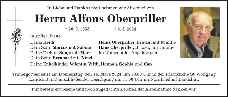 Traueranzeige Alfons Oberpriller