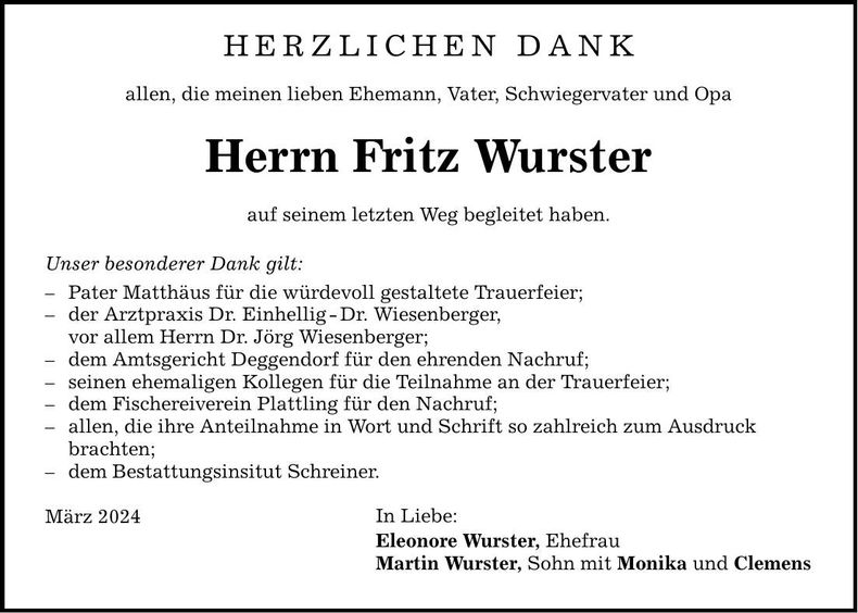 Traueranzeige Fritz Wurster