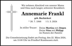 Traueranzeige Annemarie Frankl