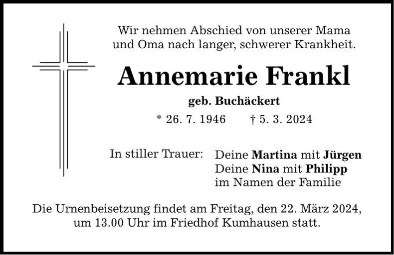 Traueranzeige Annemarie Frankl