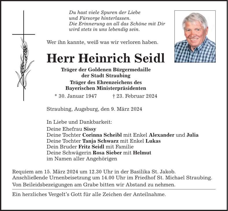 Traueranzeige Heinrich Seidl
