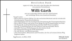Traueranzeige Willi Gärth