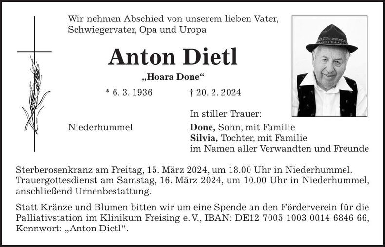 Traueranzeige Anton Dietl