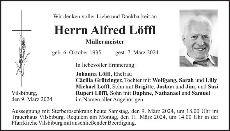 Traueranzeige Alfred Löffl