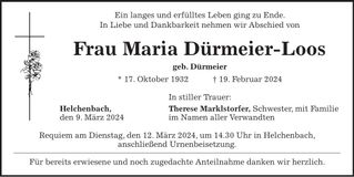 Traueranzeige Maria Dürmeier-Loos