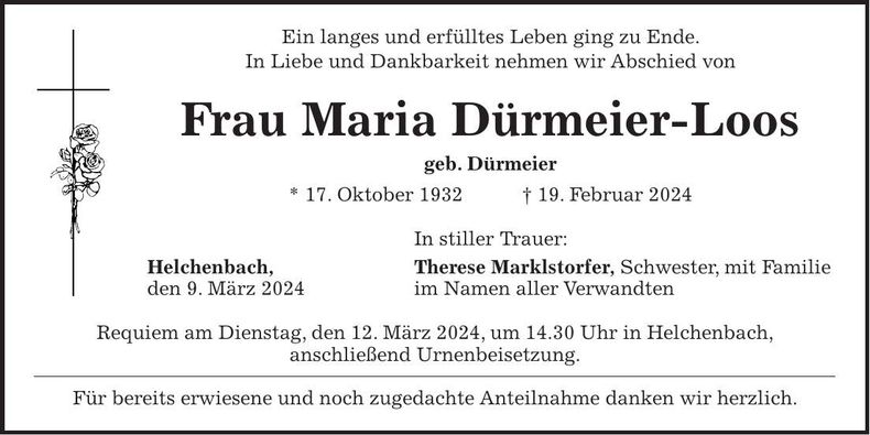 Traueranzeige Maria Dürmeier-Loos