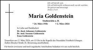 Traueranzeige Maria Goldenstein