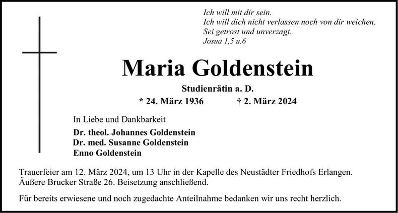 Traueranzeige Maria Goldenstein