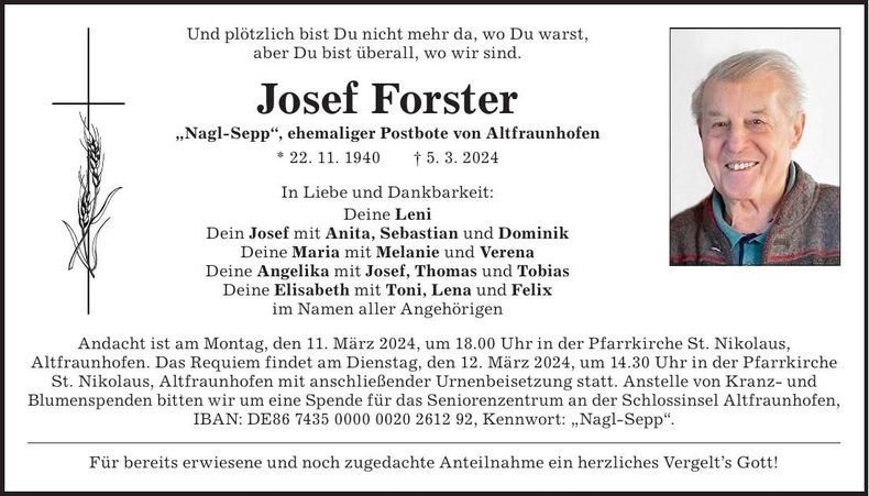 Traueranzeige Josef Forster