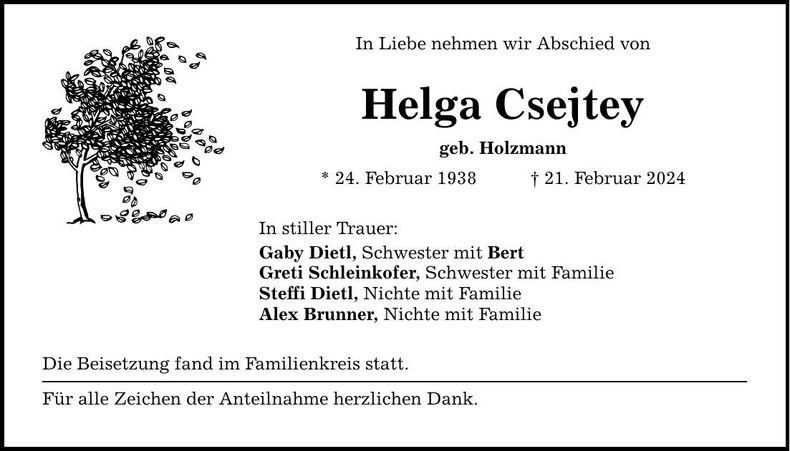 Traueranzeige Helga Csejtey