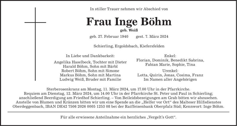Traueranzeige Inge Böhm