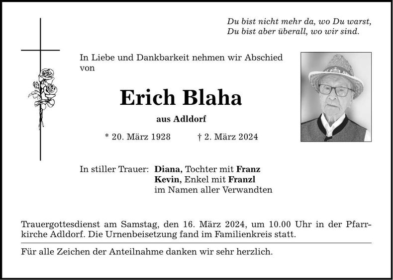 Traueranzeige Erich Blaha