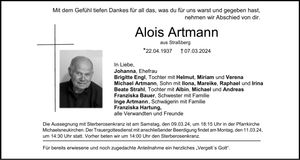 Traueranzeige Alois Artmann