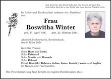 Traueranzeige Roswitha Winter