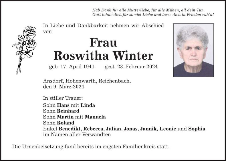Traueranzeige Roswitha Winter