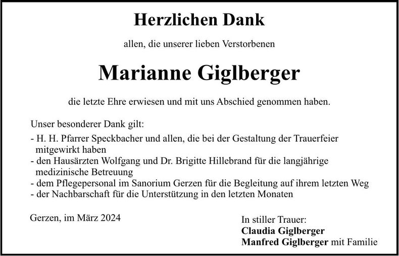 Traueranzeige Marianne Giglberger