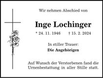 Traueranzeige Inge Lochinger