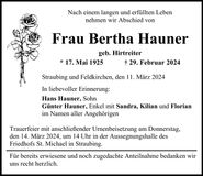 Traueranzeige Bertha Hauner