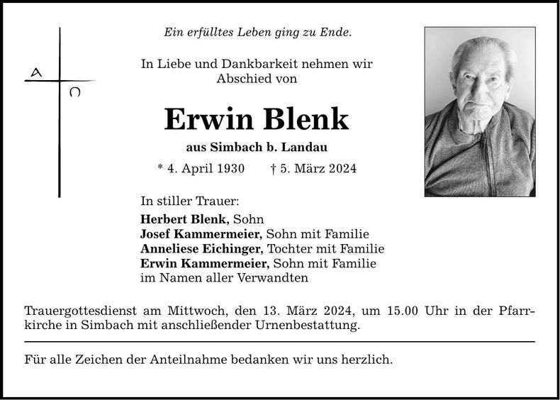 Traueranzeige Erwin Blenk