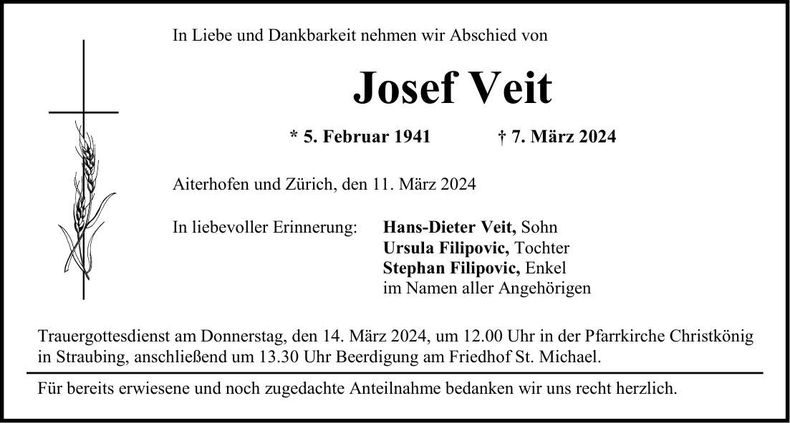 Traueranzeige Josef Veit