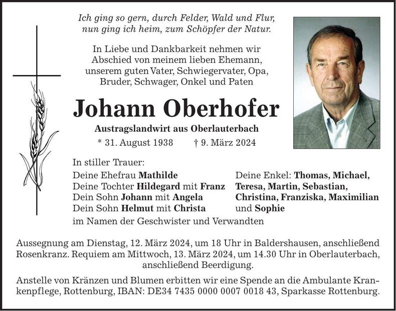 Traueranzeige Johann Oberhofer