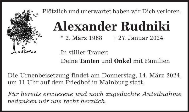 Traueranzeige Alexander Rudniki