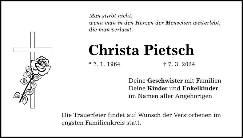 Traueranzeige Christa Pietsch