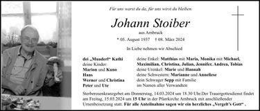 Traueranzeige Johann Stoiber