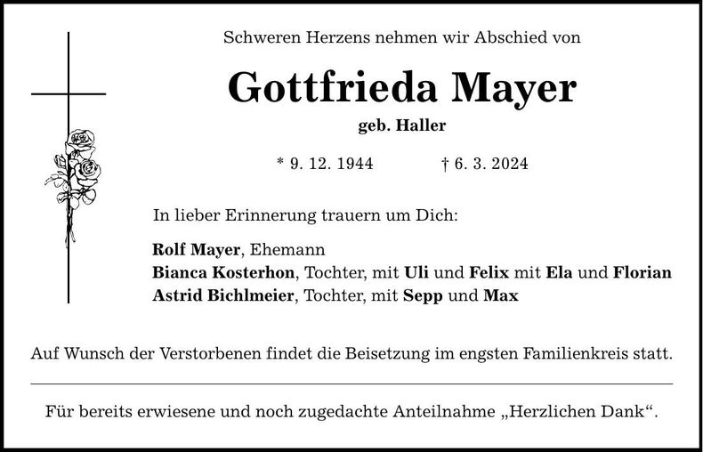 Traueranzeige Gottfrieda Mayer