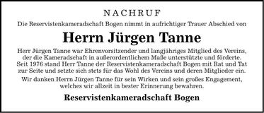 Traueranzeige Jürgen Tanne