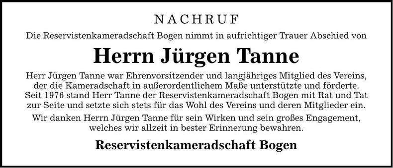 Traueranzeige Jürgen Tanne