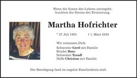 Traueranzeige Martha Hofrichter