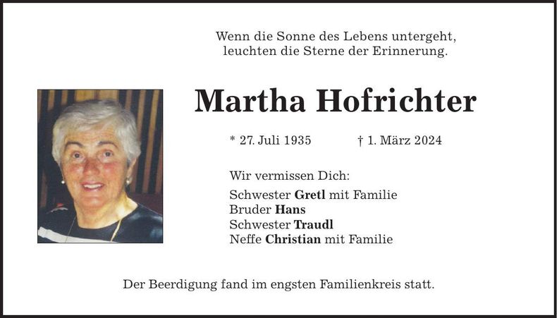 Traueranzeige Martha Hofrichter