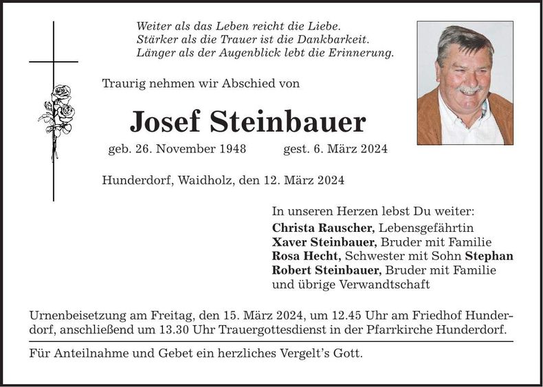 Traueranzeige Josef Steinbauer