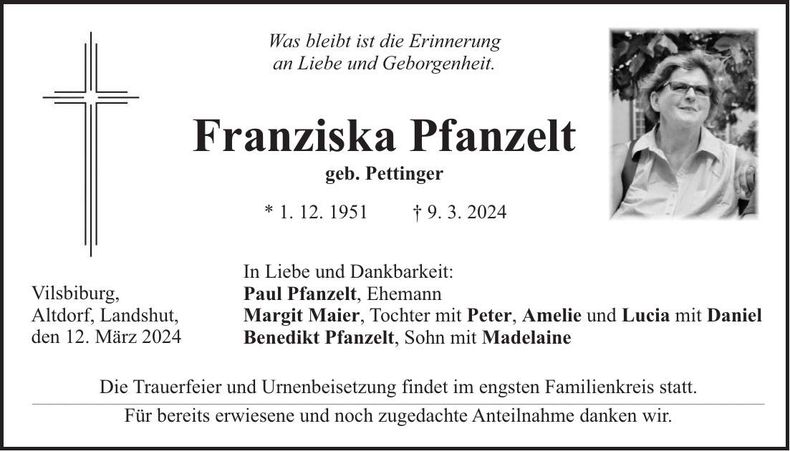 Traueranzeige Franziska Pfanzelt