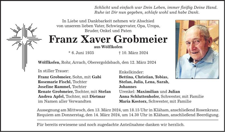 Traueranzeige Franz Xaver Grobmeier