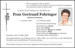 Traueranzeige Gertrud Fohringer