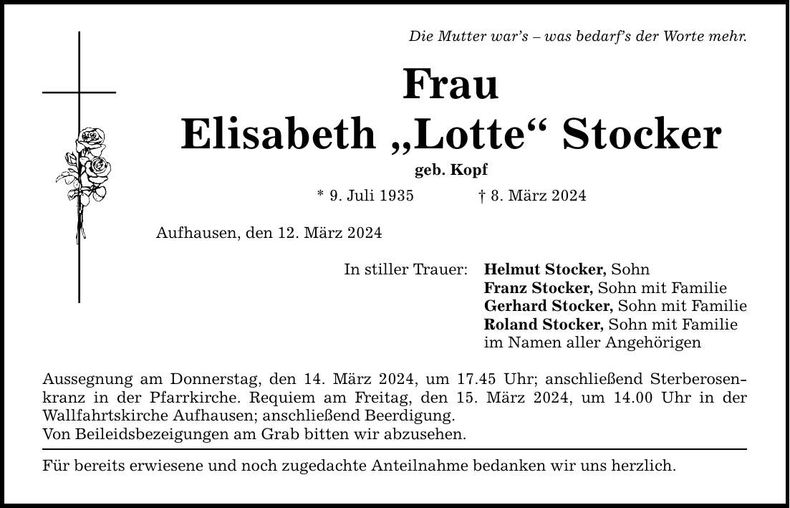 Traueranzeige Elisabeth Stocker