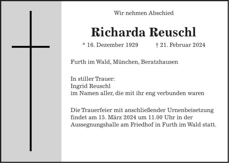 Traueranzeige Richarda Reuschl